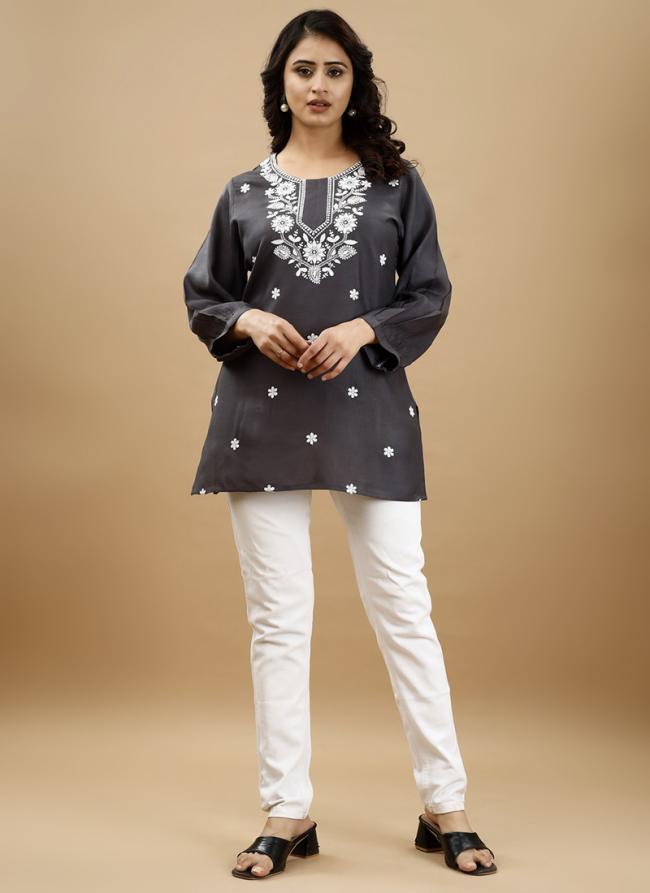 Rayon Grey Casual Wear Embroidery Work Readymade Kurti